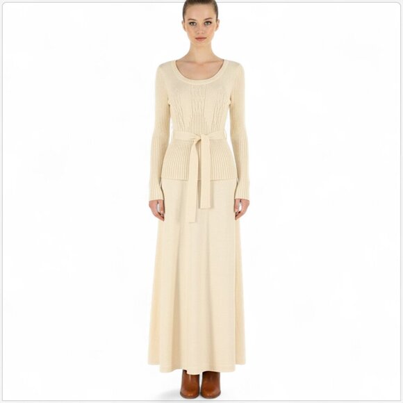 I. Magnin Vintage Long Ivory White Santana Knit Tie Belt Maxi Sweater Dress S M - Picture 1 of 5